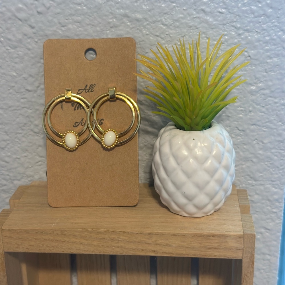 Gold Hoop Earrings with White Accent